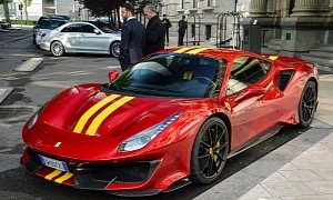 Red Ferrari 488 Pista with Yellow Stripes Shows Peacock Spec