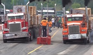 Red Peterbilt 389 Shames Bugatti in Terms of HP, Fights Orange Kenworth T800 to the Death