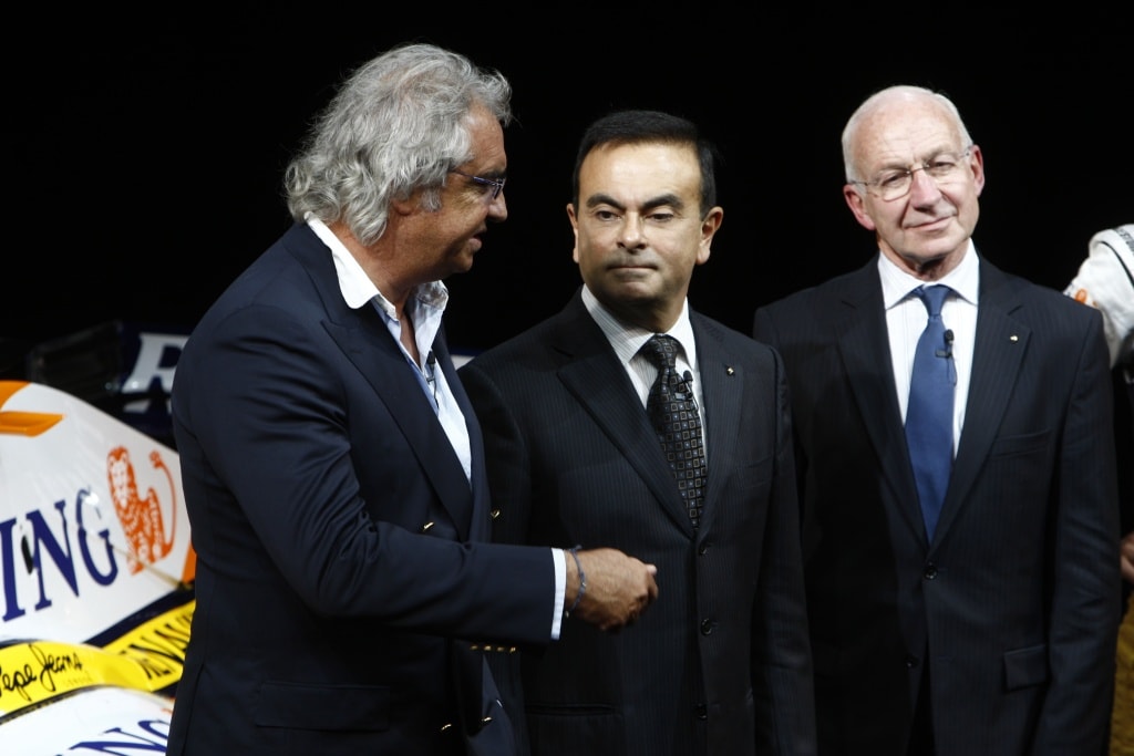 Flavio Briatore, Carlos Ghosn (Renault CEO) and Bernard Rey (Renault F1 CEO)
