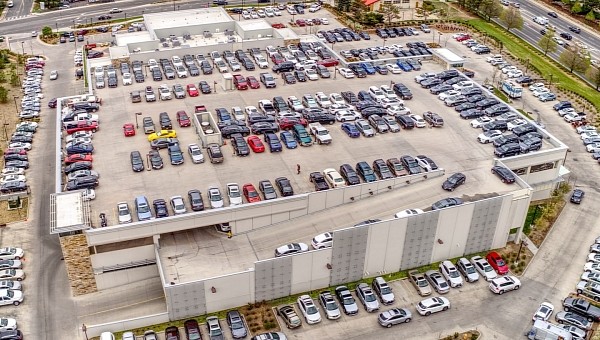 Aerial view of a car dealership parking lot