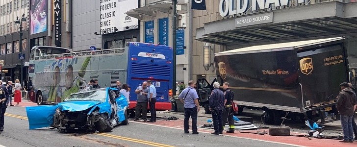 Tesla Model 3 from Revel crashes against a UPS truck and a bus in New York