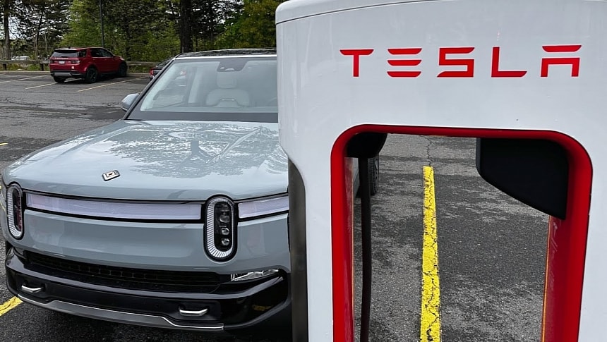 Rivian at Tesla Supercharger Pedestal