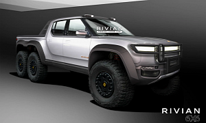 Rivian Pickup Truck, SUV Rendered With Police Livery, Off-Road Mods, Six Wheels