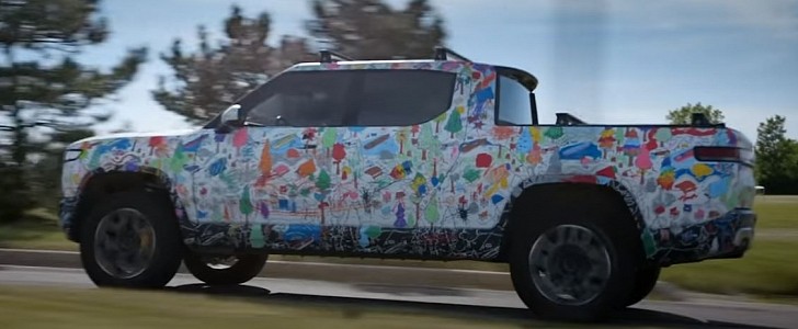 The Rivian R1T electric pickup truck is turned into rolling coloring book in new ad