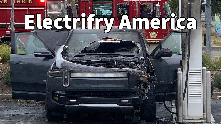 Rivian R1T burnt while charging at an Electrify America station