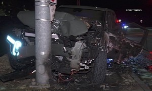 Rivian R1T Hits Traffic Light Pole and Catches Fire in Irvine, California