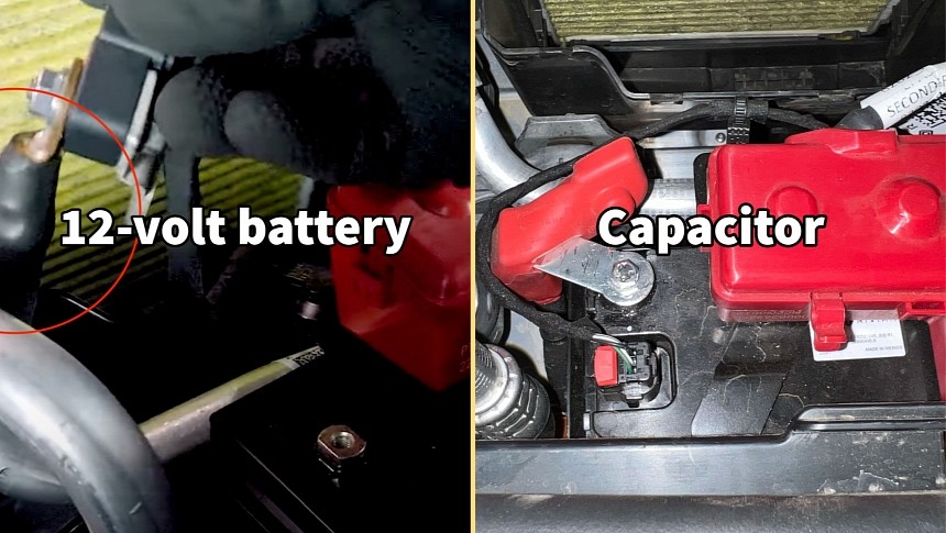 Passenger-side battery was replaced by a capacitor