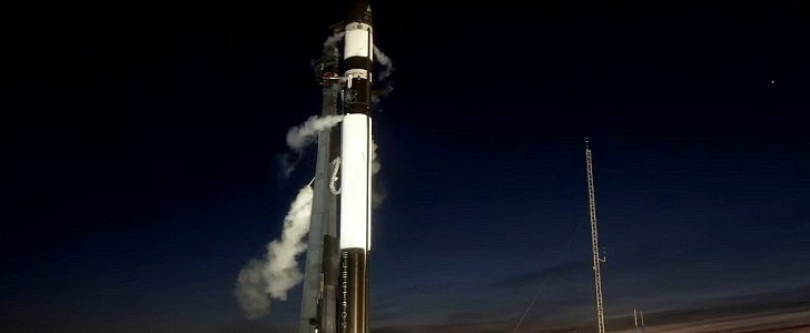 Rocket Lab Electron rocket preparing for take off at the company's New Zealand launch site