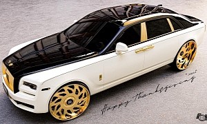 Rolls Ghost on Massive Gold Wheels Is Digitally Perfect for a Hi-Riser Thanksgiving