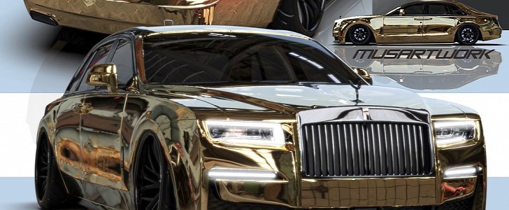 Rolls-Royce Ghost Black Badge Gold Chrome CGI wrap by musartwork