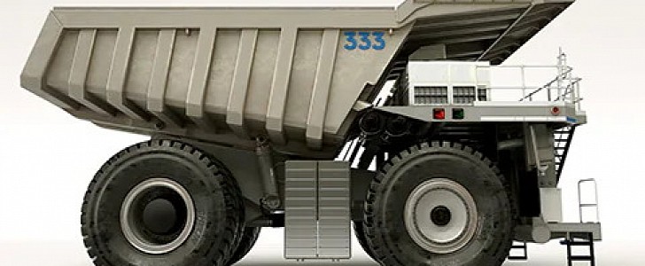The new hybrid haul truck concept replaces the standard engine with a downsized engine and a battery pack