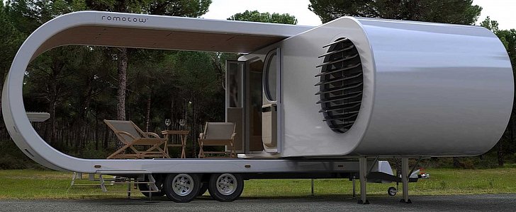 Romotow concept trailer-camper with hidden in-built patio