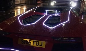 Rosso Mars Lamborghini Aventador Gets Covered in LED Christmas Lights in London