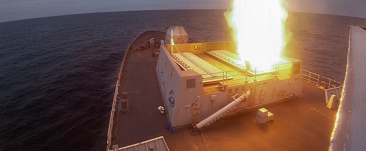 A Type 45 HMS Dragon blasts a Sea Viper from its silo 