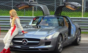 Russian Blond Girl Drives  Mercedes SLS on Track