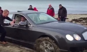Russian-Driven Bentley Stranded on a Beach Gets the Rescue Tractor Stuck
