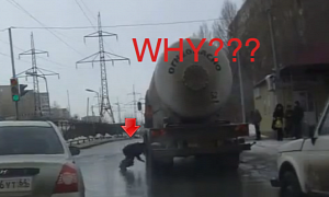 Russian Man Tries to Get Run Over by Tanker Truck