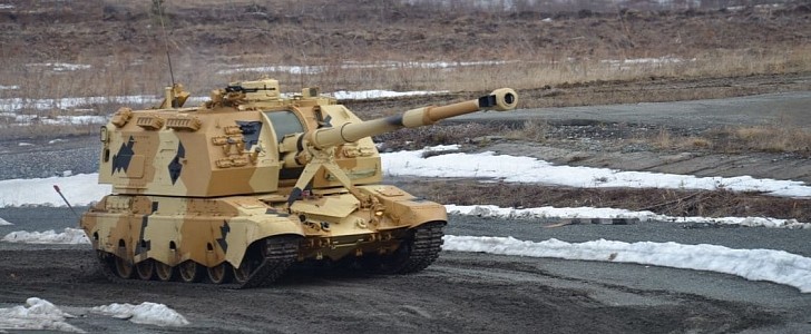 The Msta-S self-propelled howitzer successfully demonstrated coordination abilities with the Orlan-10E drone