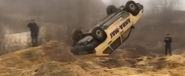 1987 Lada flips through the air recreating corkscrew bridge jump from James Bond movie