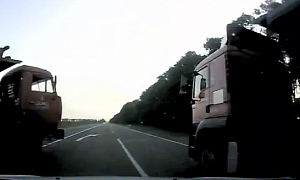 Russian Woman Handles Double Truck Near Miss
