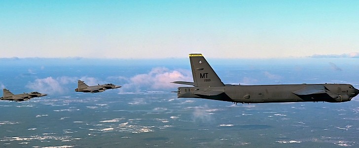 Saab JAS 39 Gripens trailing B-52 Stratofortress