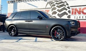 Satin Black Badge Rolls Cullinan Floats on Forgiato 26s, Rocks Red Accents