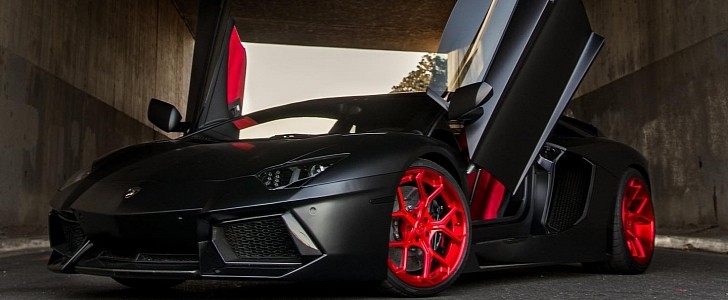 Satin Black Lamborghini Aventador on Signature Red Forgiatos by Diamond Autosport