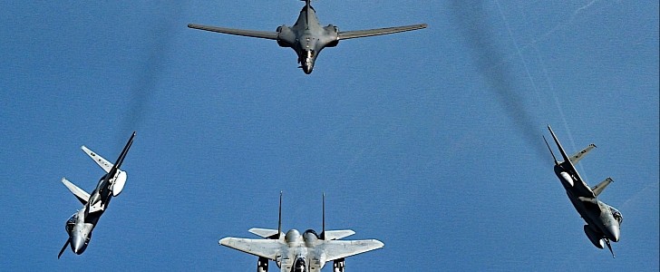 Three Saudi F-15 Strike Eagles and an American B-1B Lancer
