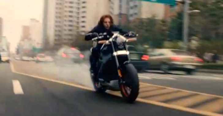 The Black Widow rides a Harley-Davidson LiveWire in Avengers: Age of Ultron