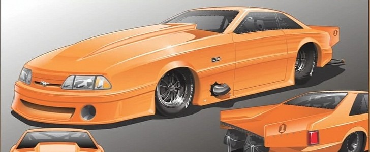 Fox-body Mustang carbon-fiber shell rendering