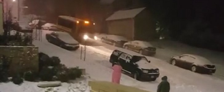 School bus has a cocktail of snow and gravity