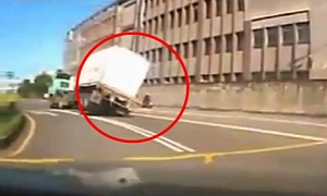 Scooter Rider Almost Crushed by Flipping Truck