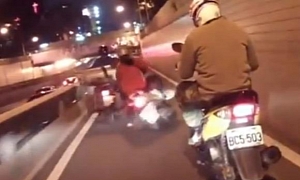 Scooter Rider Causes Fellow to Crash, Rides Away