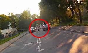 Scooter Splits Lanes, Driver Turns, Crash Follows