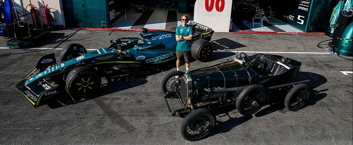 Sebastian Vettel drives 100-year-old Aston Martin race car