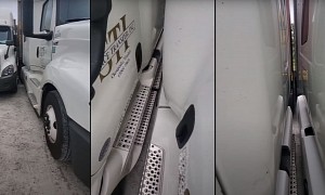 Semi Driver Expertly Reverses into the Tightest Spot to Keep Safe from Storm