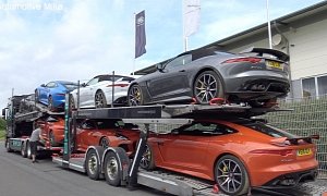 Seven Jaguar F-Type SVR Coupes and Roadsters Being Revved and Unloaded