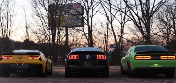 Shelby GT500 Mustang, Dodge Challenger SRT Hellcat and C7 Z06 rev-off