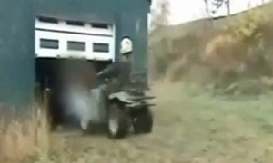 Silly ATV Rider Slams Very Hard into Garage Door