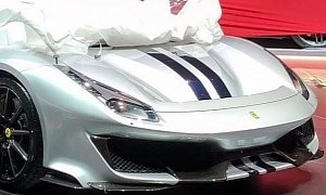 Silver Ferrari 488 Pista with Blue Stripes Photographed ahead of Geneva Debut