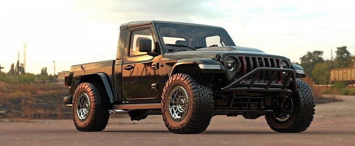 Single Cab Jeep Gladiator with 7.3-liter Ford Godzilla swap rendering by abimelecdesign on Instagram