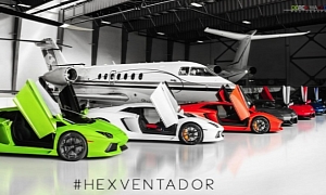 Six Lamborghini Aventadors Go to the Airport: Hexventador