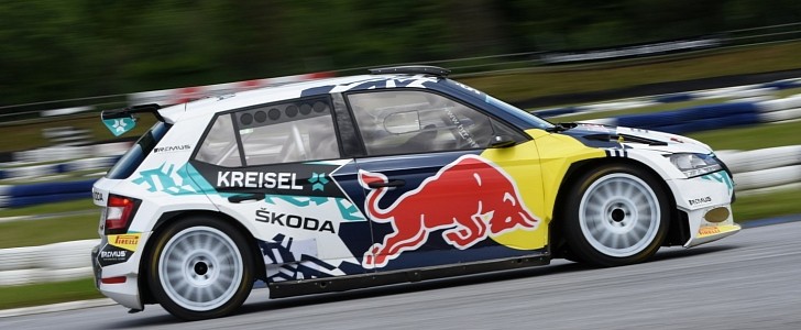 The new electric rally car Skoda RE-X1 Kreisel is built with the Skoda Fabia Rally2 evo chassis 