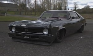 Slammed, Murdered-Out Chevy Nova SS Has Just a Hint of Red and Bit More Purple