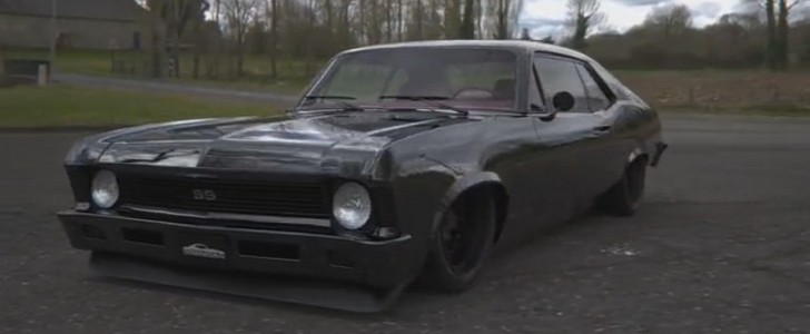 Slammed all-black Chevrolet Nova SS with red calipers and purple interior by personalizatuauto on Instagram