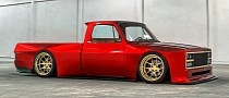 Slammed OBS Chevy C10 Seems to Be on Red, Gold, Carbon Widebody CGI Steroids