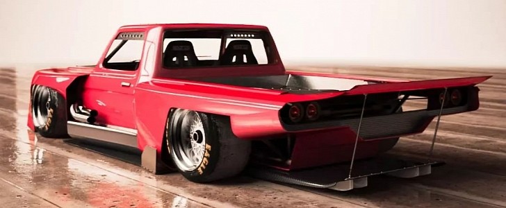 Slammed Widebody Ford F-100 in pink and purple not red and black rendering by altered_intent