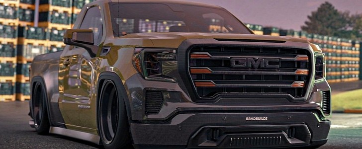 GMC Sierra on slick tires and with lightweight carbon fiber bed and bumpers rendering 