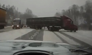 Snow-Covered Roads Cause Near-Crash With Truck