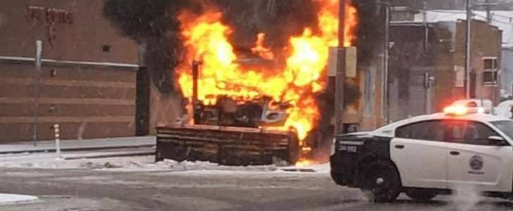 DPW truck engulfed in flames in front of fire station in Syracuse